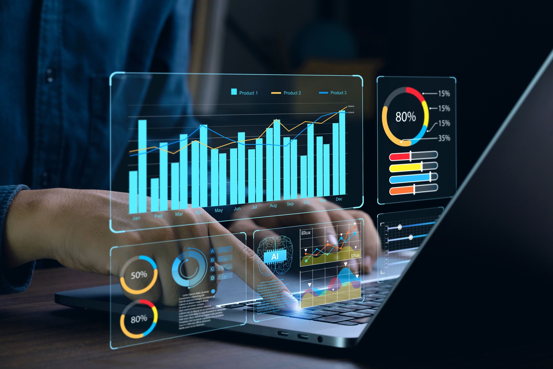 Homme d’affaires travaille sur un ordinateur portable Affichage d’un tableau de bord d’analyse commerciale avec des graphiques, des mesures et des indicateurs de performance clés pour analyser les performances et créer des rapports d’informations